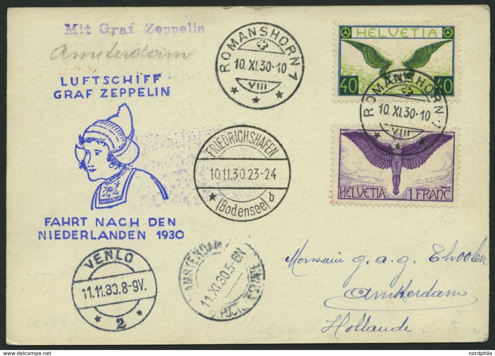 ZULEITUNGSPOST 98 BRIEF, Schweiz: 1930, Hollandfahrt, Prachtkarte - Luft- Und Zeppelinpost