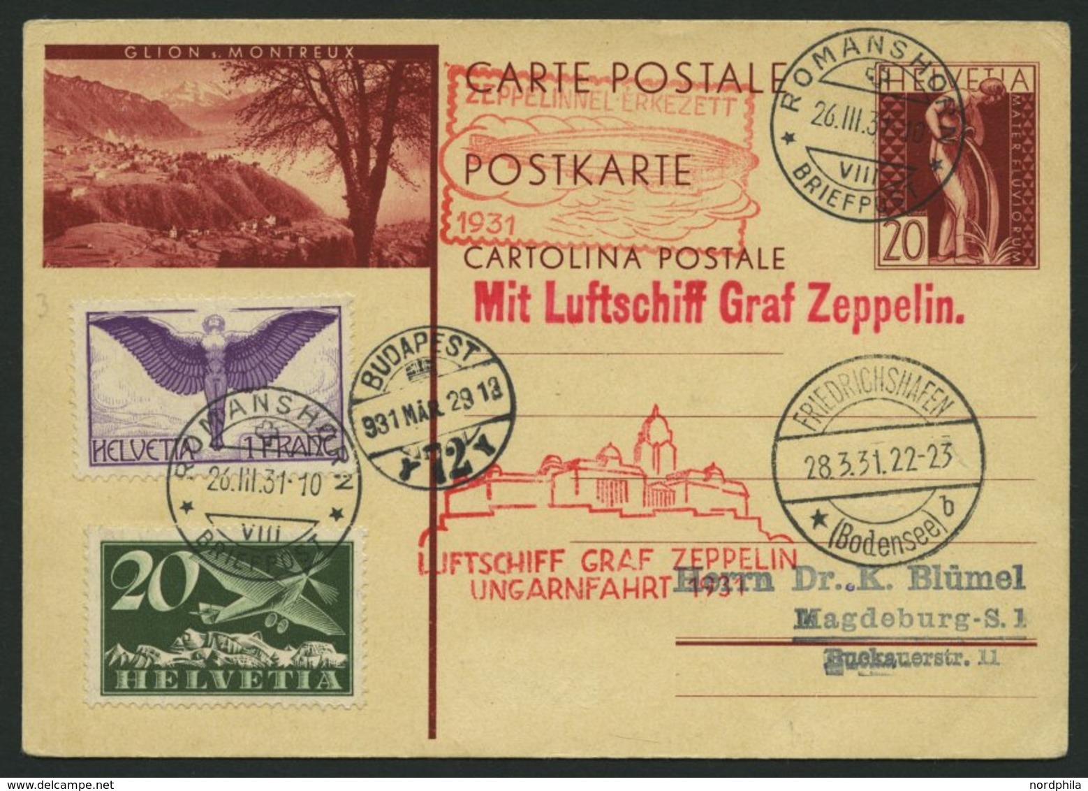 ZULEITUNGSPOST 101 BRIEF, Schweiz: 1931, Ungarnfahrt, Prachtkarte - Posta Aerea & Zeppelin