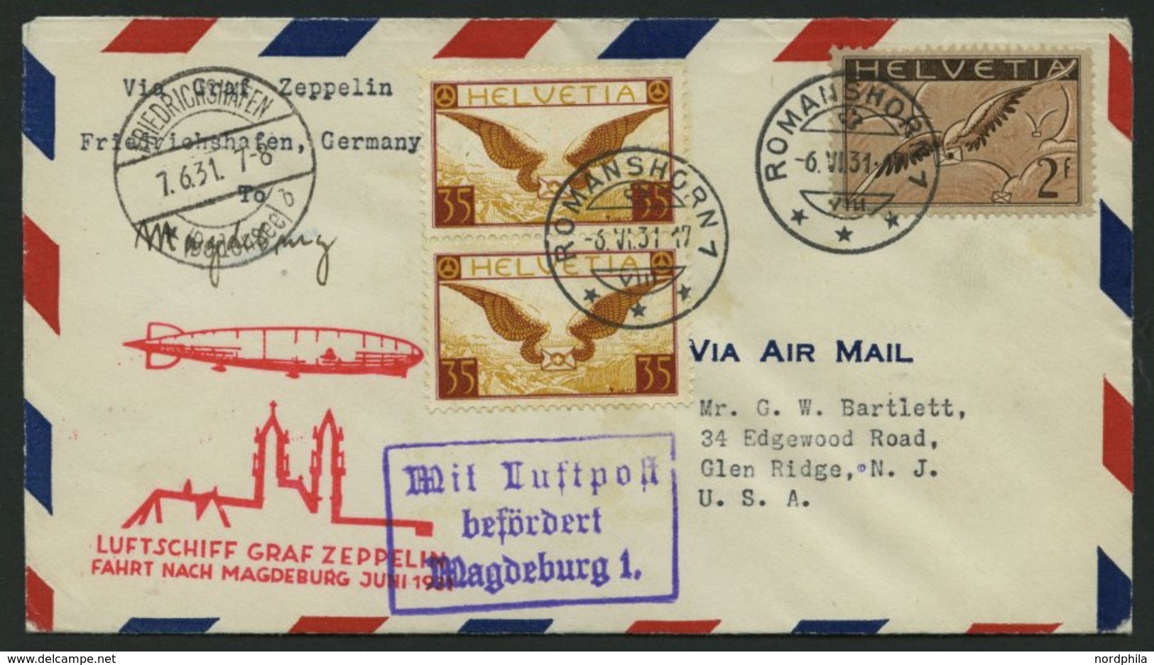 ZULEITUNGSPOST 109 BRIEF, Schweiz: 1931, Fahrt Nach Magdeburg, Prachtbrief - Luft- Und Zeppelinpost