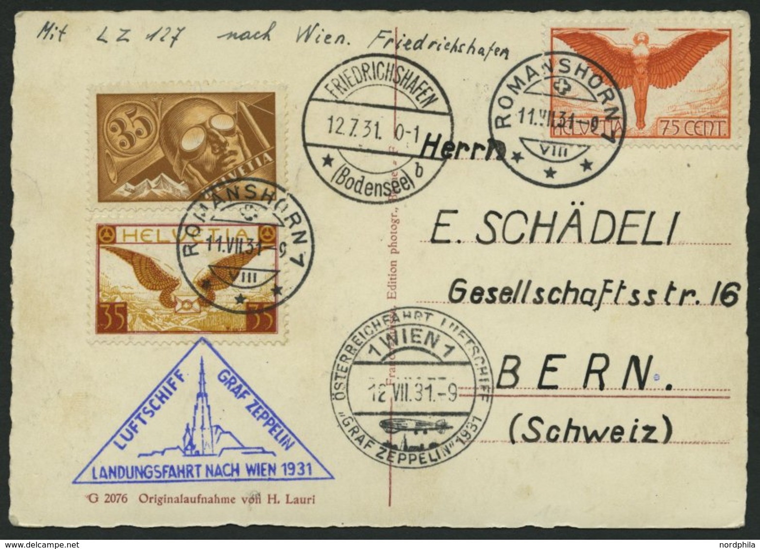 ZULEITUNGSPOST 116 BRIEF, Schweiz: 1931, Fahrt Nach Wien, Prachtkarte - Luft- Und Zeppelinpost