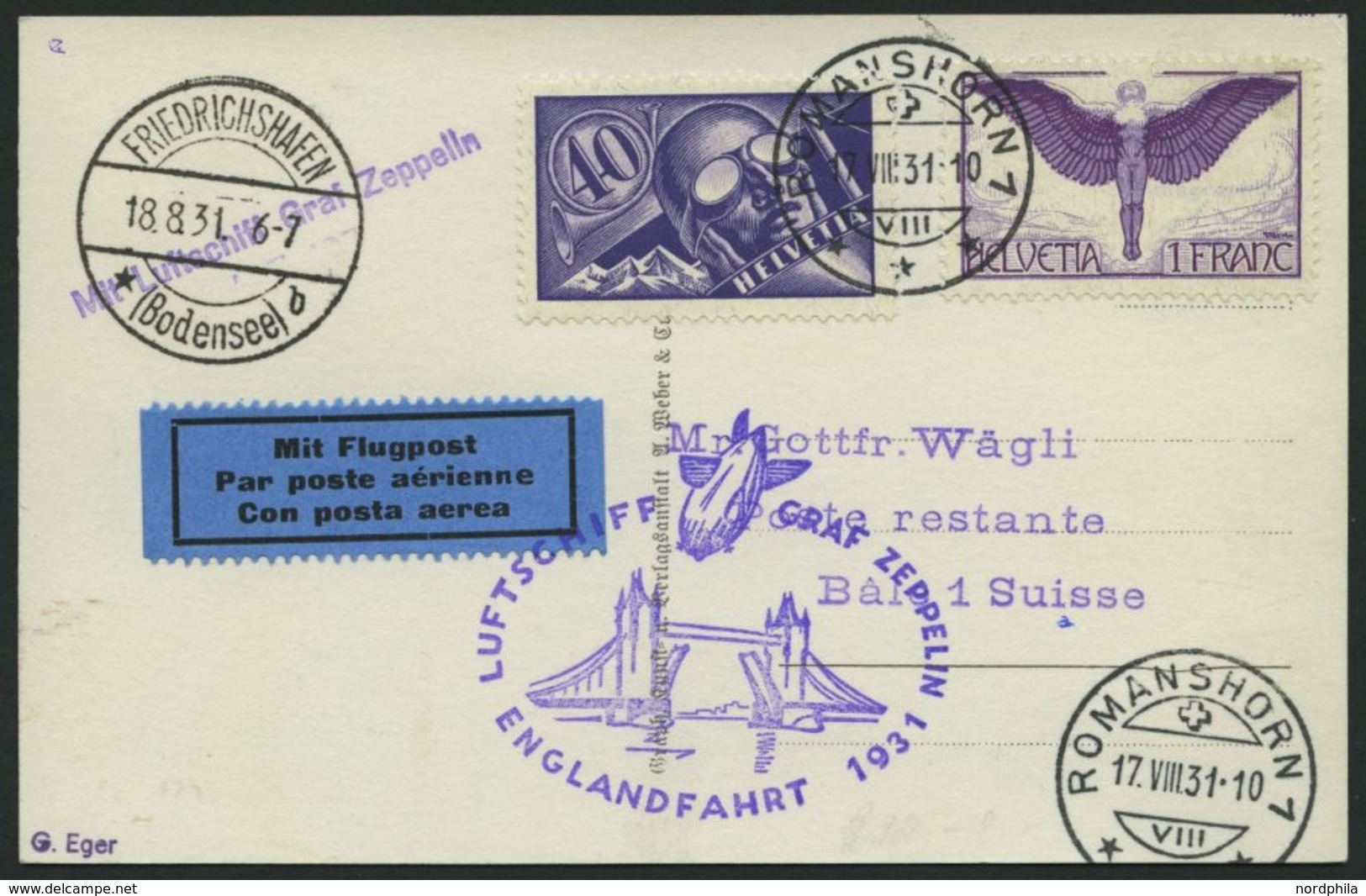 ZULEITUNGSPOST 122 BRIEF, Schweiz: 1931, Englandfahrt, Prachtkarte - Posta Aerea & Zeppelin