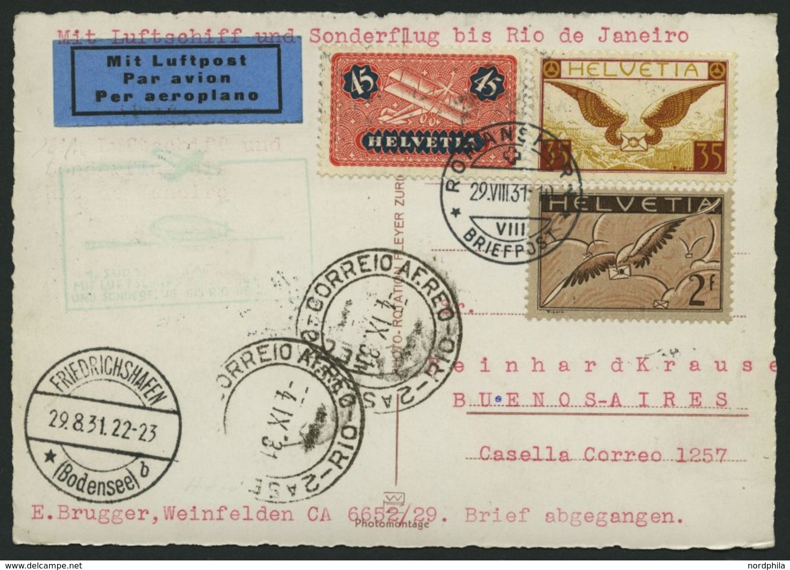 ZULEITUNGSPOST 124Ca BRIEF, Schweiz: 1931, 1. Südamerikafahrt, Bis Rio De Janeiro, Prachtkarte - Luft- Und Zeppelinpost