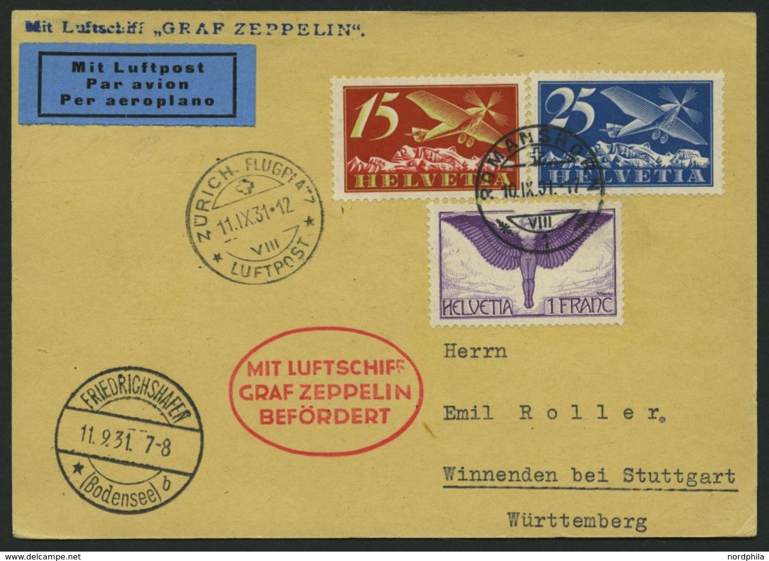 ZULEITUNGSPOST 127 BRIEF, Schweiz: 1931, Fahrt Nach Zürich, Prachtkarte - Luft- Und Zeppelinpost