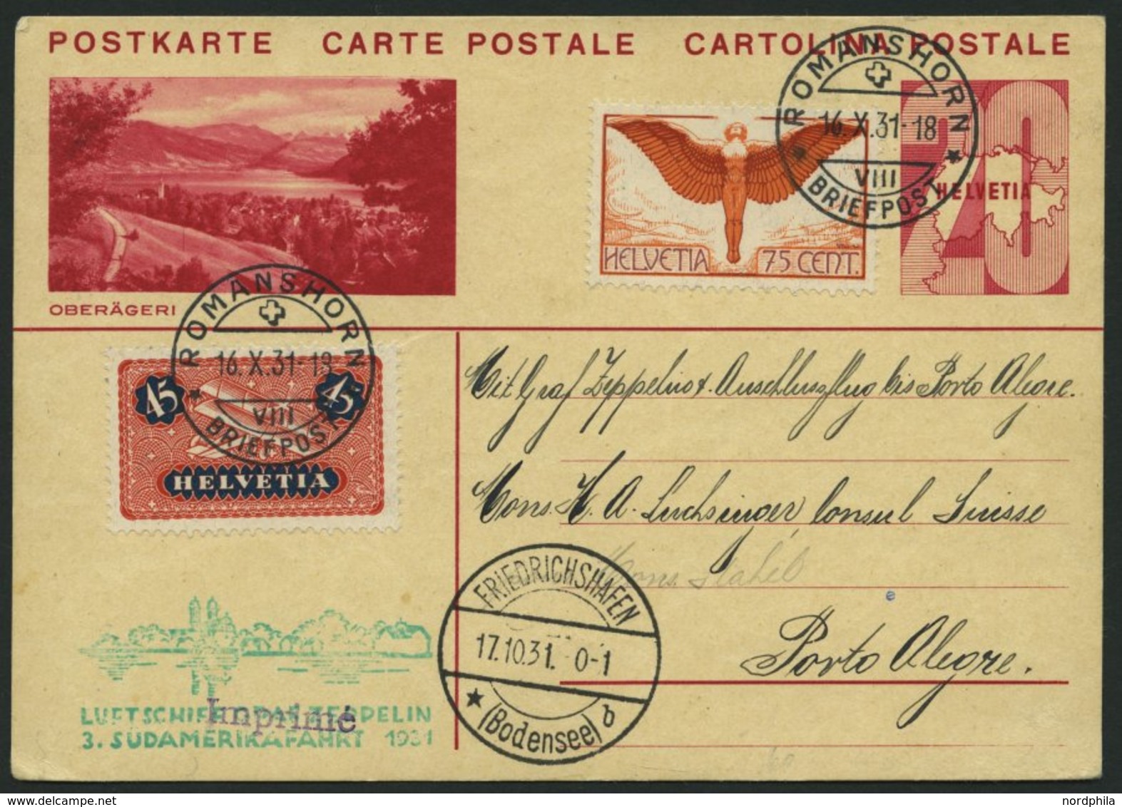 ZULEITUNGSPOST 133 BRIEF, Schweiz: 1931, 3. Südamerikafahrt, Prachtkarte - Posta Aerea & Zeppelin