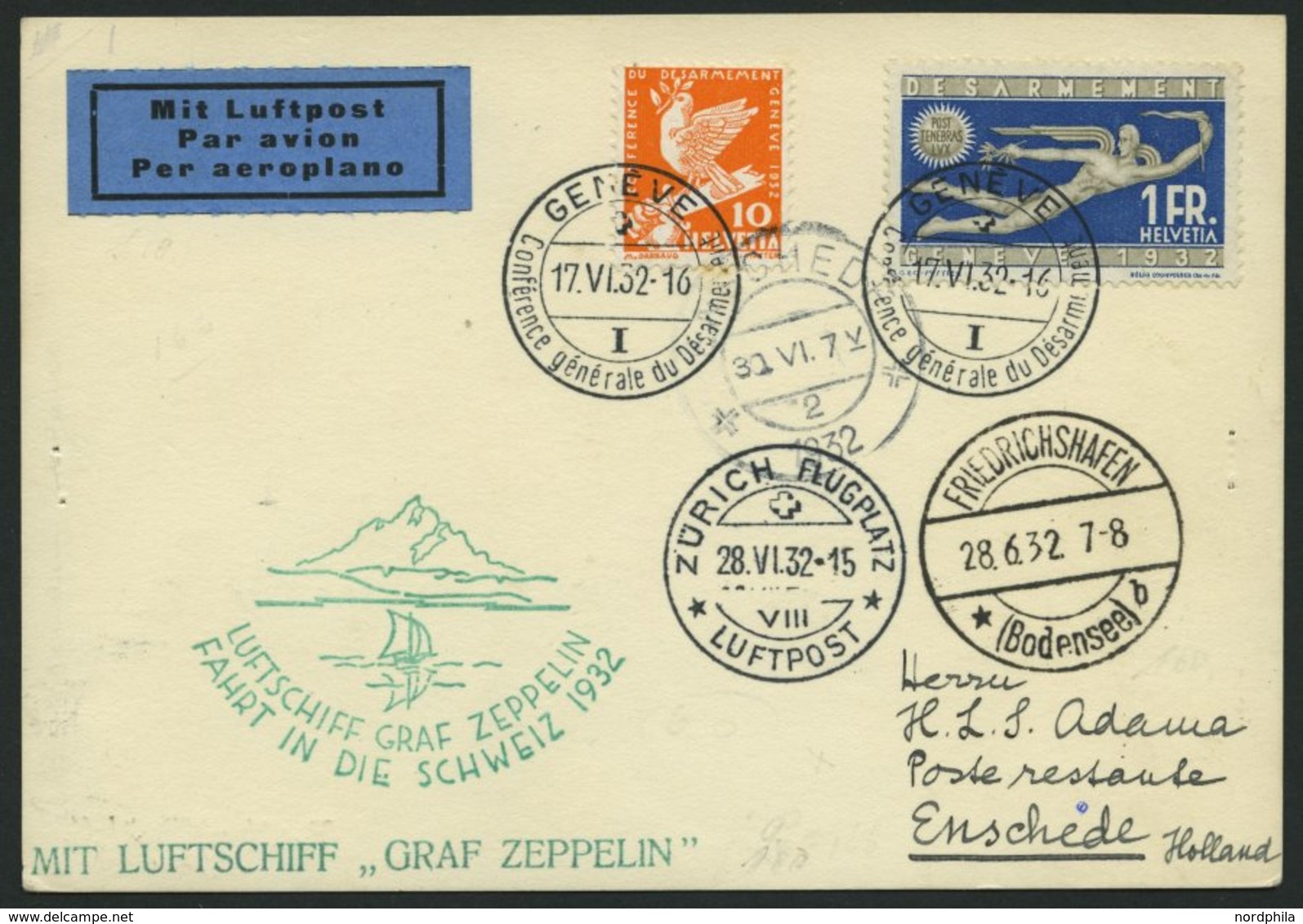 ZULEITUNGSPOST 166 BRIEF, Schweiz: 1932, Schweizfahrt, Prachtkarte Nach Holland - Luft- Und Zeppelinpost