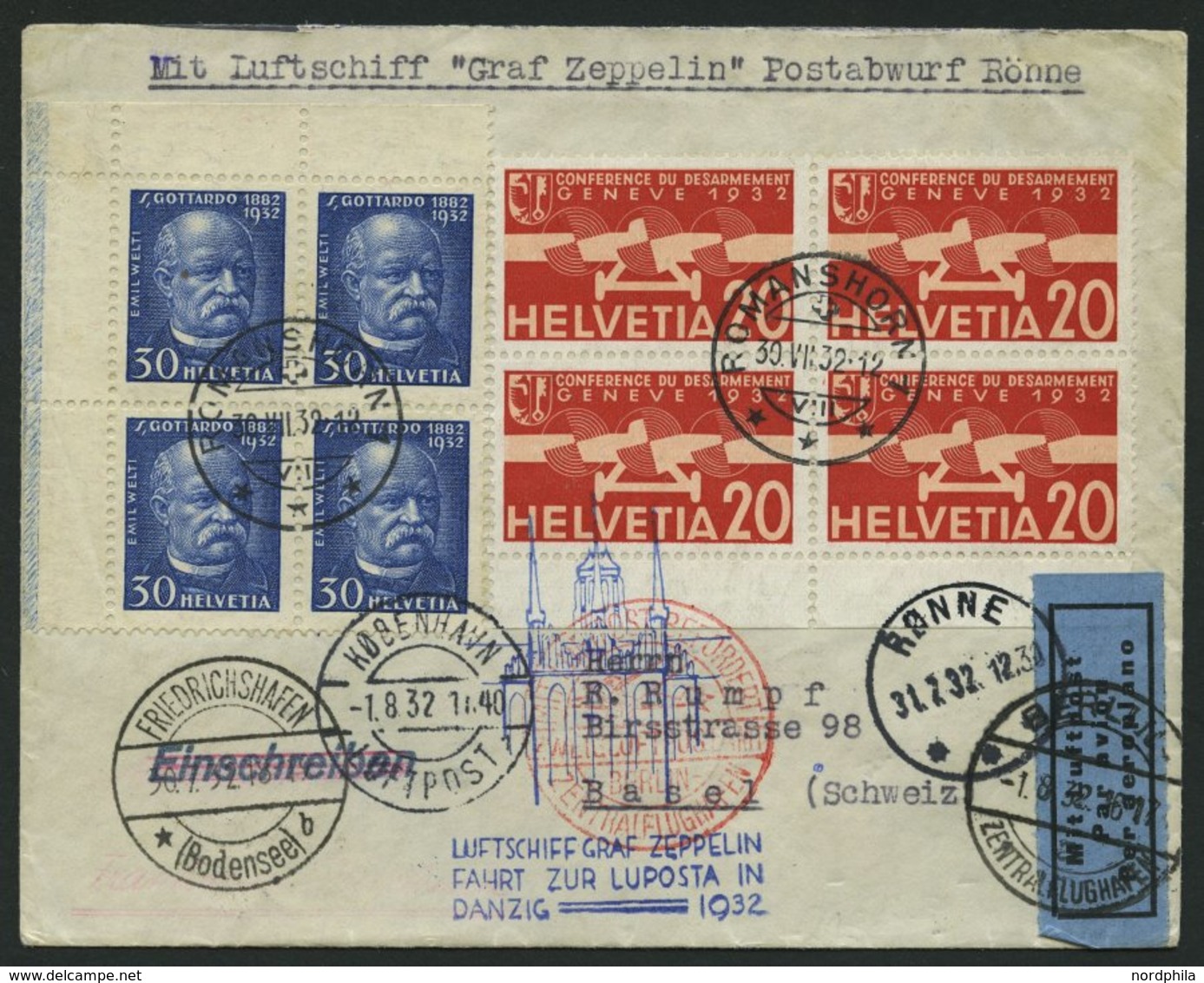 ZULEITUNGSPOST 169Ba BRIEF, Schweiz: 1932, Luposta-Fahrt, Abwurf Rönne, Prachtbrief - Posta Aerea & Zeppelin
