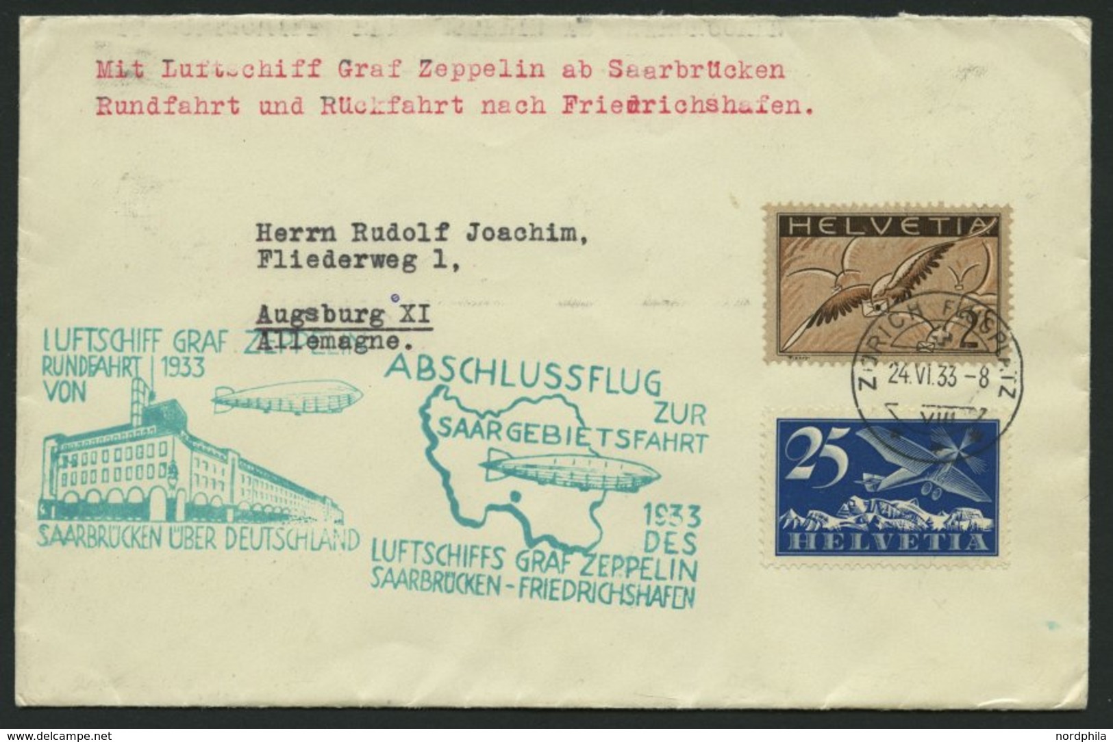 ZULEITUNGSPOST 218C BRIEF, Schweiz: 1933, Saargebietsfahrt, Rundfahrt, Beide Stempel Auf Prachtbrief - Luft- Und Zeppelinpost