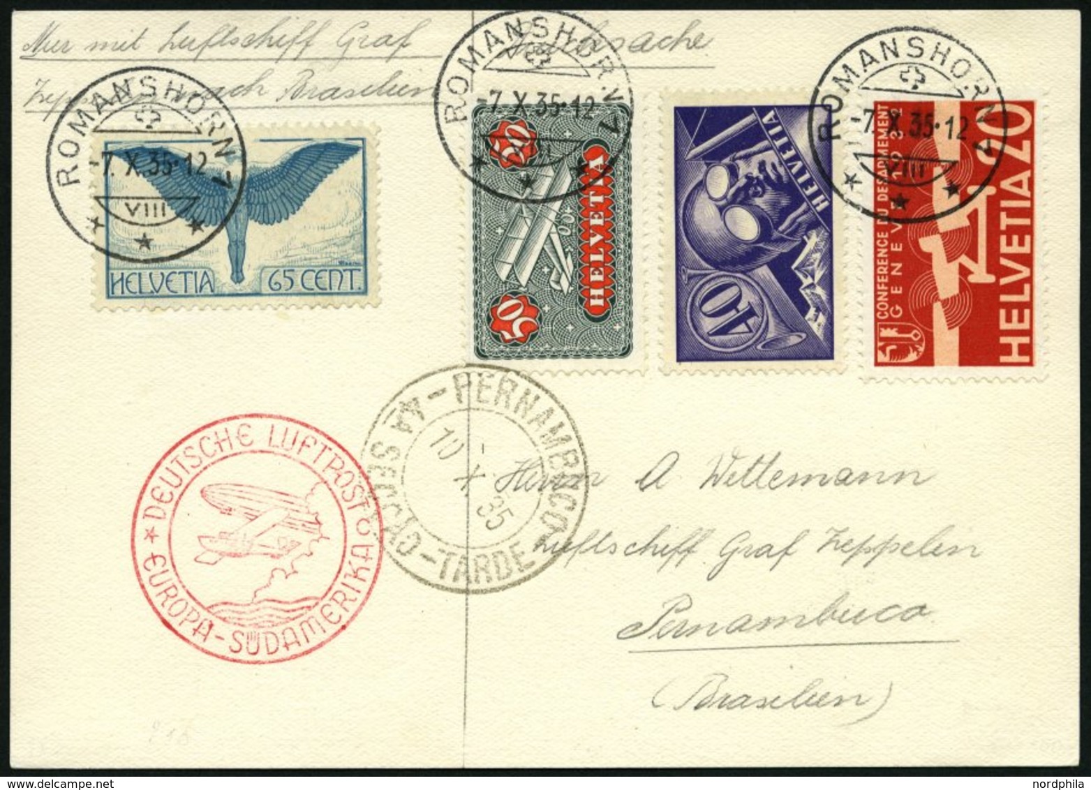 ZULEITUNGSPOST 324B BRIEF, Schweiz: 1935, 14. Südamerikafahrt, Prachtkarte - Posta Aerea & Zeppelin