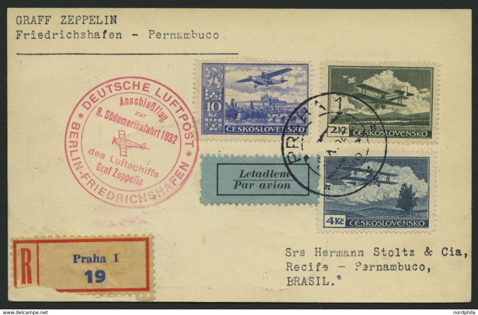 ZULEITUNGSPOST 189B BRIEF, Tschechoslowakei: 1932, 8. Südamerikafahrt, Anschlussflug Ab Berlin, Einschreibkarte, Pracht - Luft- Und Zeppelinpost