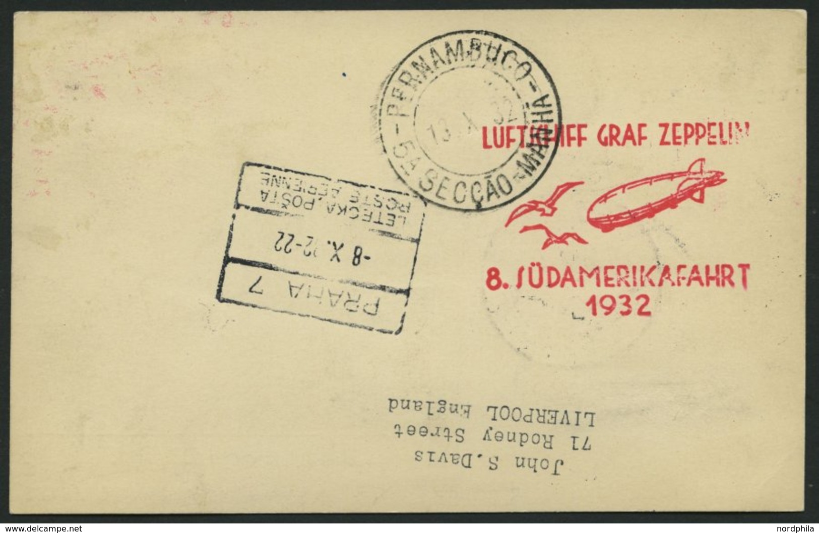 ZULEITUNGSPOST 189B BRIEF, Tschechoslowakei: 1932, 8. Südamerikafahrt, Anschlussflug Ab Berlin, Einschreibkarte, Pracht - Luft- Und Zeppelinpost