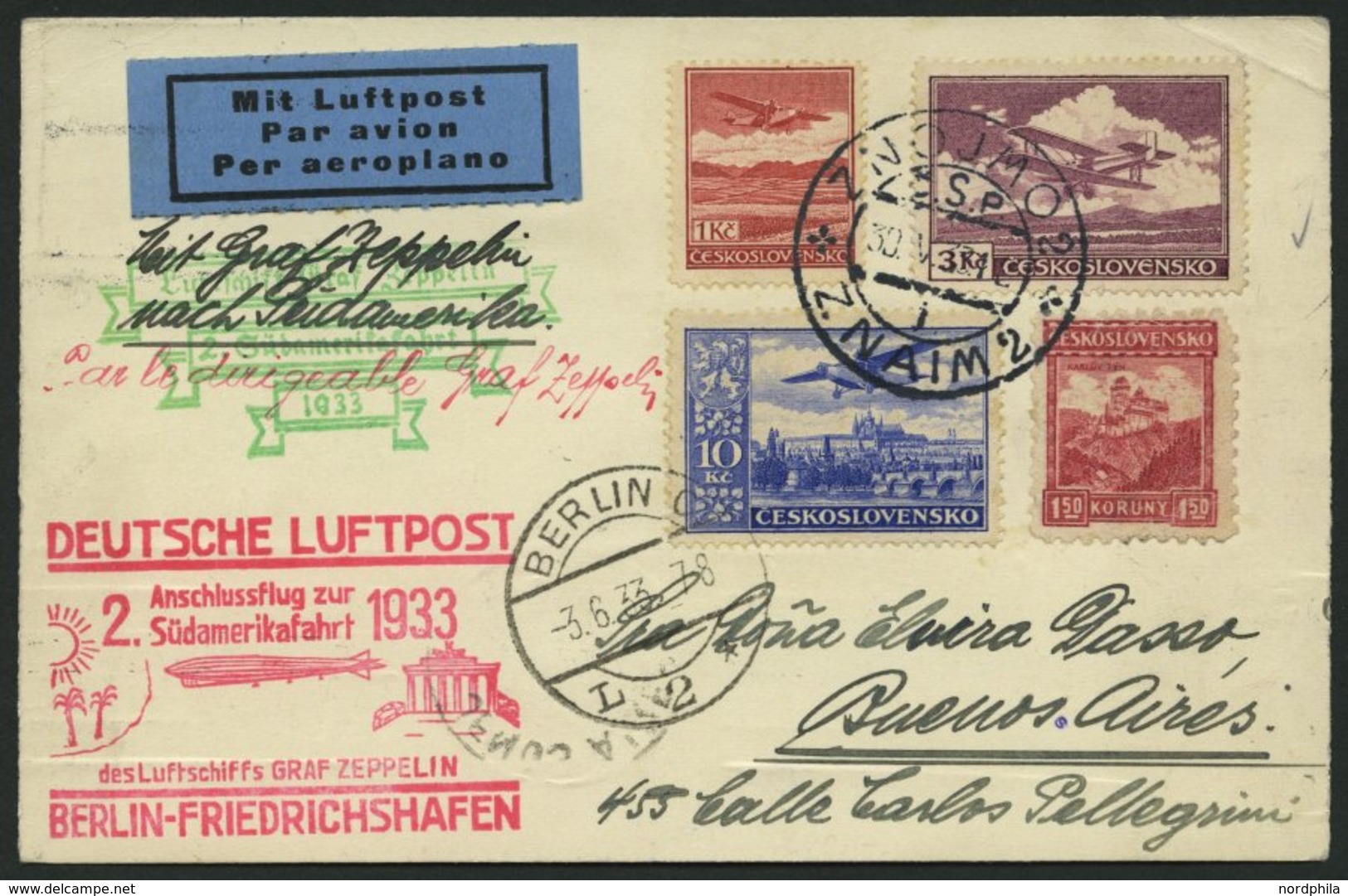 ZULEITUNGSPOST 214B BRIEF, Tschechoslowakei: 1933, 2. Südamerikafahrt, Karte Feinst - Posta Aerea & Zeppelin