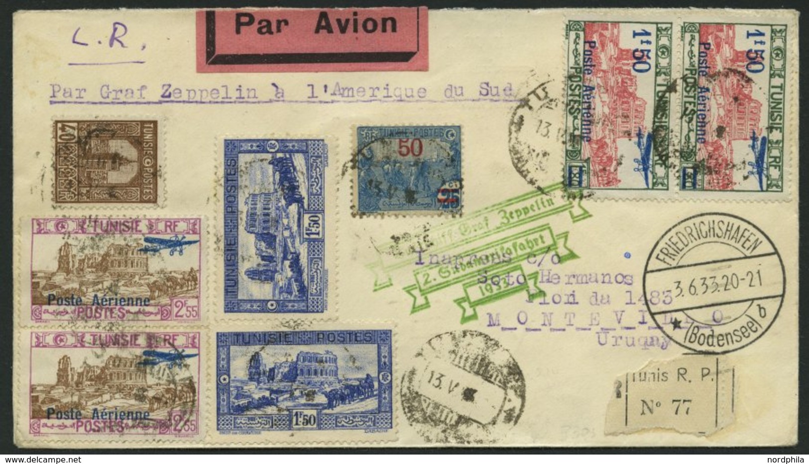 ZULEITUNGSPOST 214 BRIEF, Tunesien: 1933, 2. Südamerikafahrt, Rückseitiger Brasilianischer Sonderbestätigungsstempel, Ei - Luft- Und Zeppelinpost