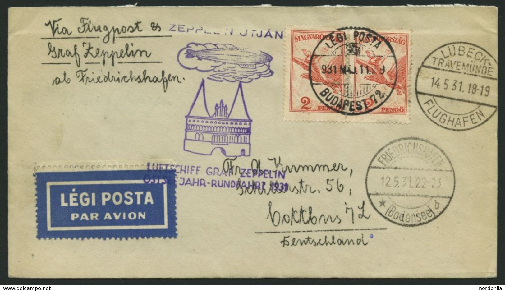 ZULEITUNGSPOST 108 BRIEF, Ungarn: 1931, Ostseejahr-Rundfahrt, Prachtbrief - Luft- Und Zeppelinpost