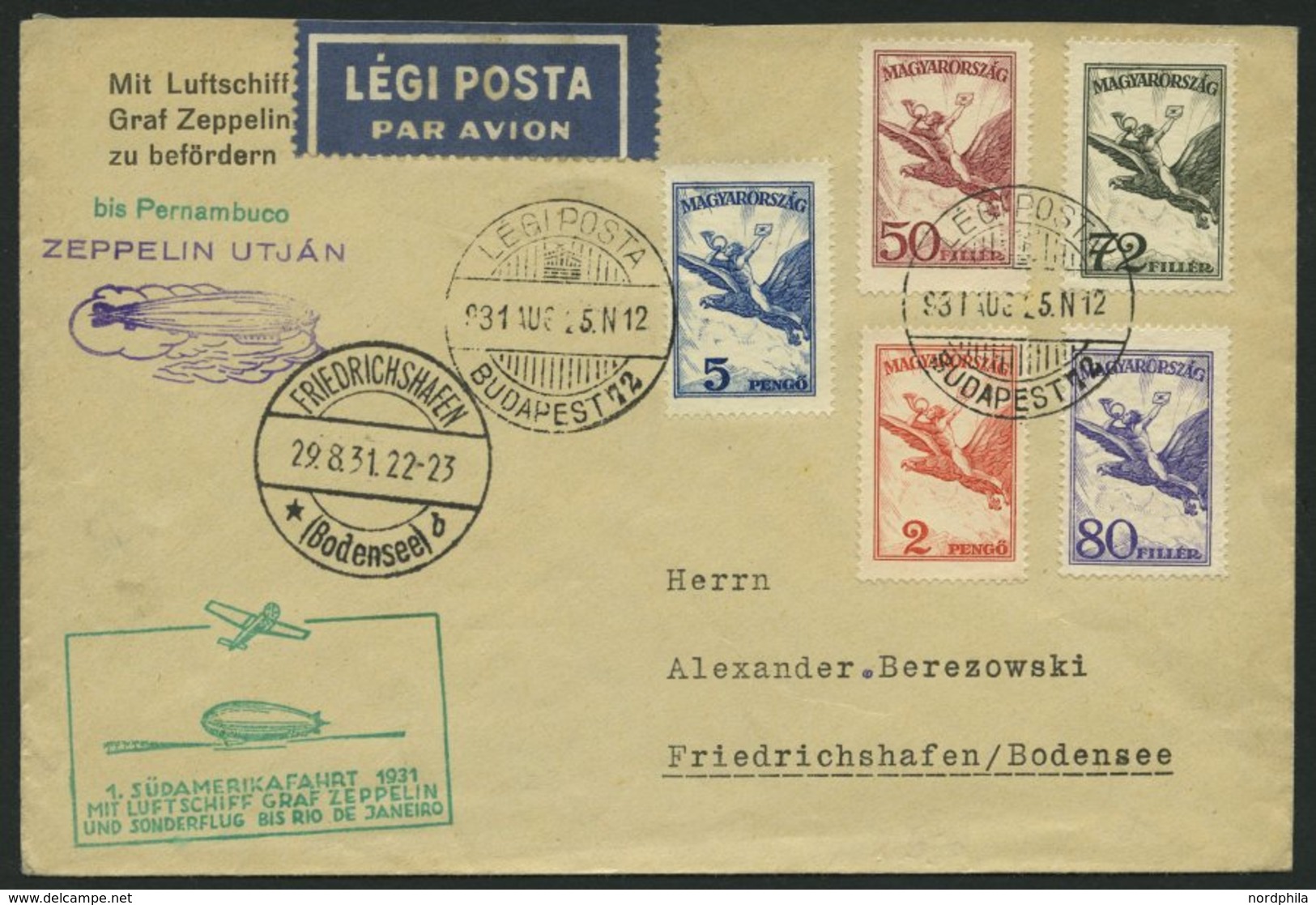 ZULEITUNGSPOST 124Ca BRIEF, Ungarn: 1931, 1. Südamerikafahrt, Bis Rio De Janeiro, Prachtbrief - Posta Aerea & Zeppelin