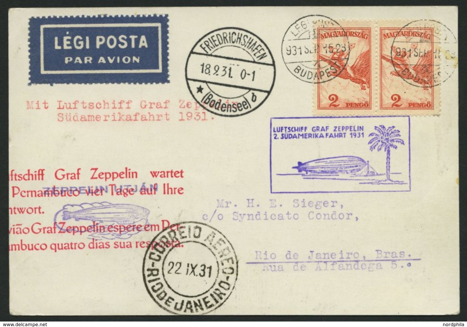 ZULEITUNGSPOST 129 BRIEF, Ungarn: 1931, 2. Südamerikafahrt, Mit Rotem Werbestempel, Prachtkarte - Luft- Und Zeppelinpost