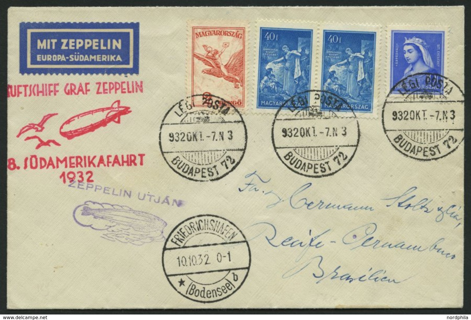 ZULEITUNGSPOST 189 BRIEF, Ungarn: 1932, 8. Südamerikafahrt, Prachtbrief - Posta Aerea & Zeppelin