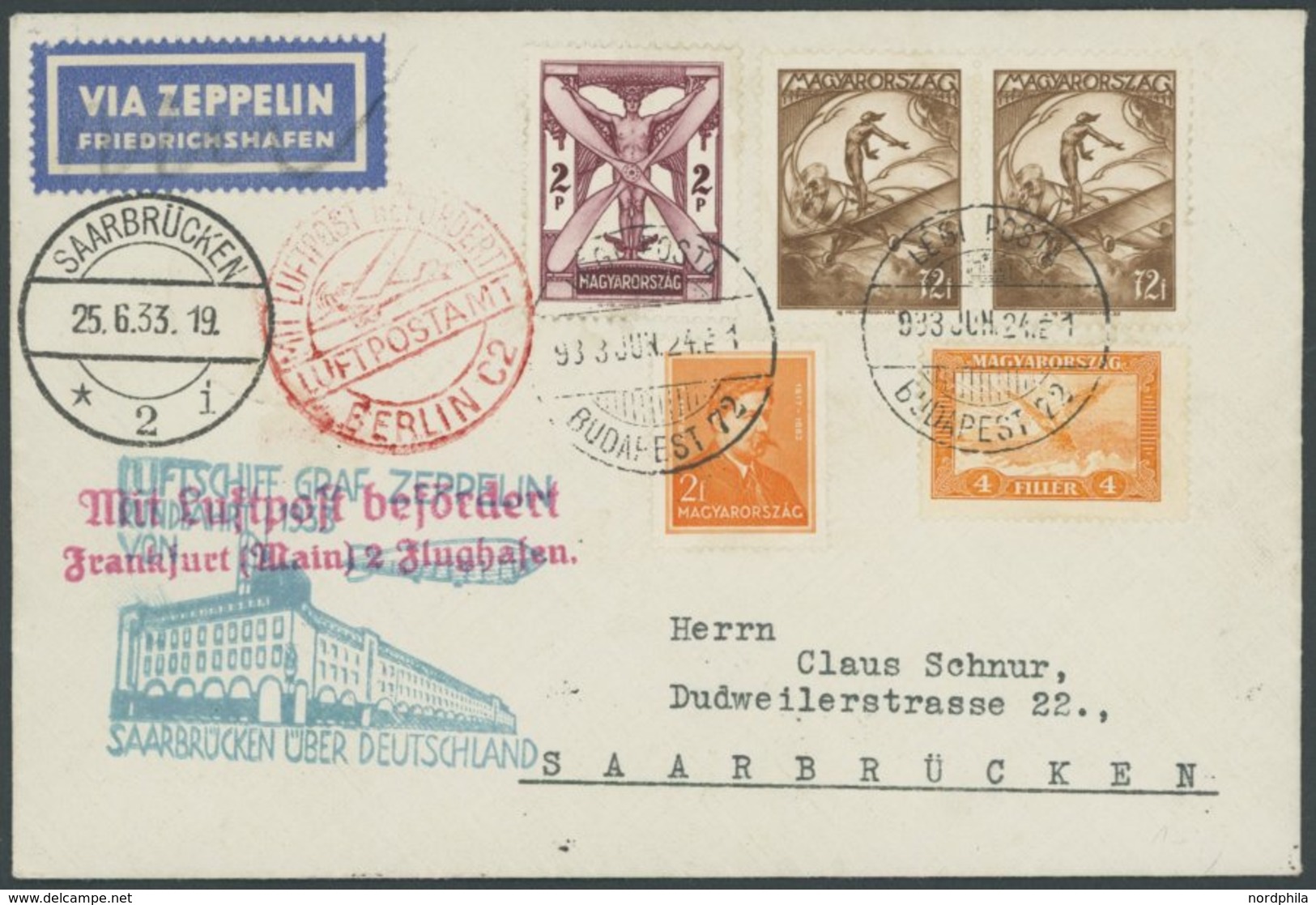 Ungarn: 1933, Saargebietsfahrt, Rundfahrt, Prachtbrief -> Automatically Generated Translation: Hungaria: 1933, "Saar Reg - Posta Aerea & Zeppelin