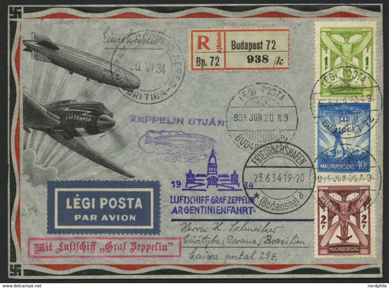 ZULEITUNGSPOST 254 BRIEF, Ungarn: 1934, 3. Südamerikafahrt, Einschreibbrief, Pracht - Posta Aerea & Zeppelin