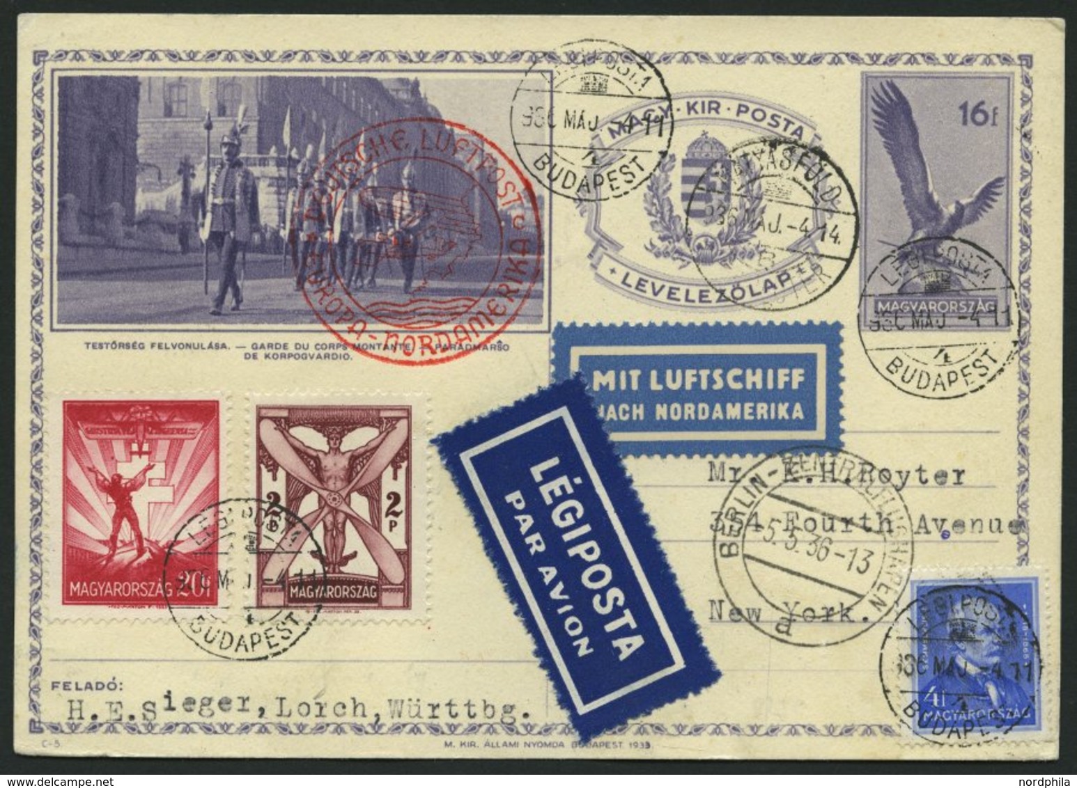 ZULEITUNGSPOST 406C BRIEF, Ungarn: 1936, 1. Nordamerikafahrt, Auflieferung Frankfurt, Prachtkarte - Posta Aerea & Zeppelin