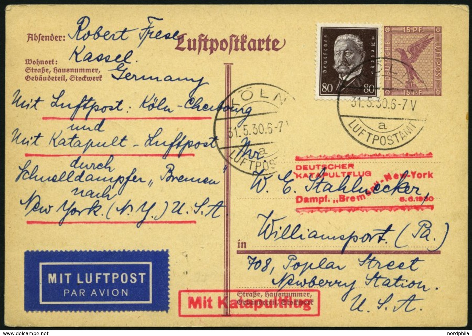 KATAPULTPOST 14a BRIEF, 5.6.1930, Bremen - Boston, Landpostaufgabe, Auf 15 Pf. Adler - Ganzsachenkarte (P 169!) Mit Mi.N - Brieven En Documenten