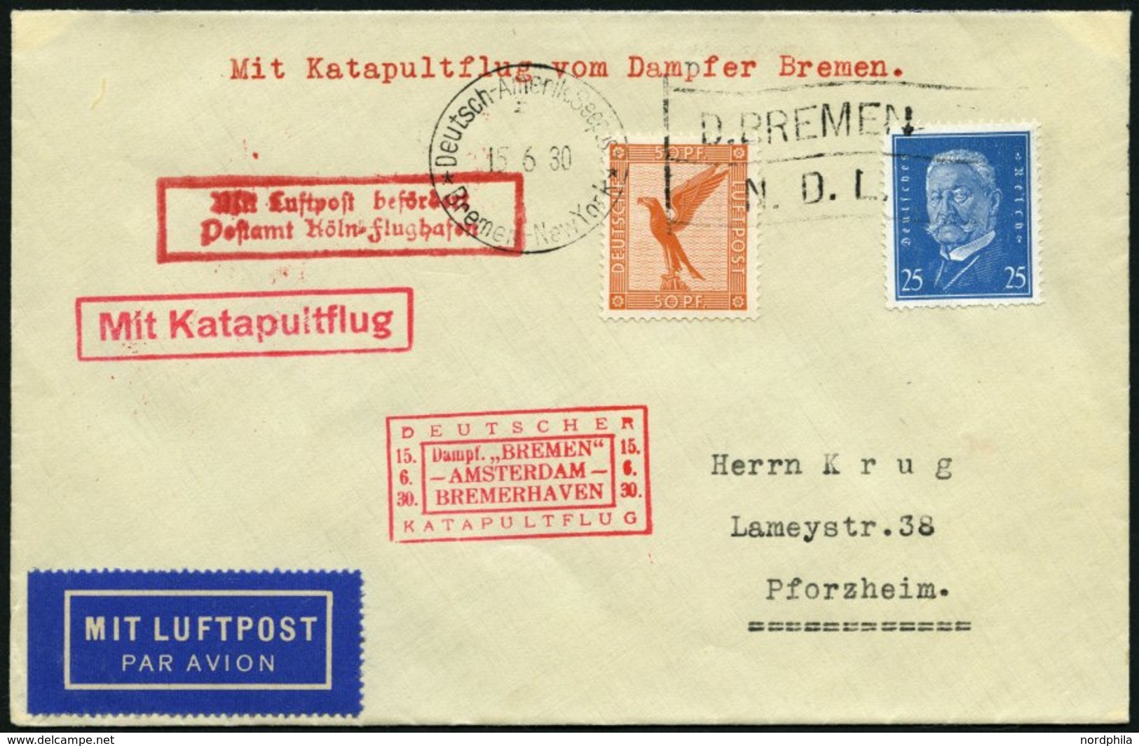 KATAPULTPOST 15c BRIEF, 16.6.1930, &quot,Bremen&quot, - Bremerhaven, Deutsche Seepostaufgabe, Prachtbrief - Storia Postale