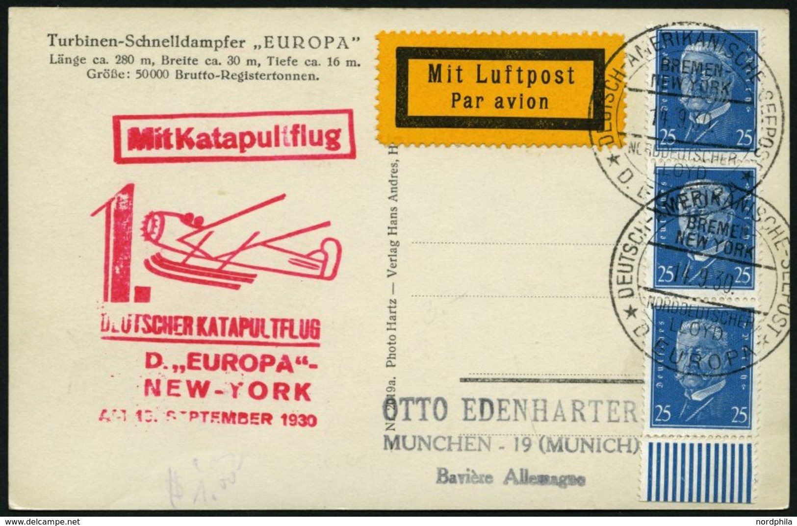 KATAPULTPOST 31b BRIEF, 15.9.1930, &quot,Europa&quot, - New York, Seepostaufgabe, Ansichtskarte Mit Der Europa, Seltene  - Lettres & Documents