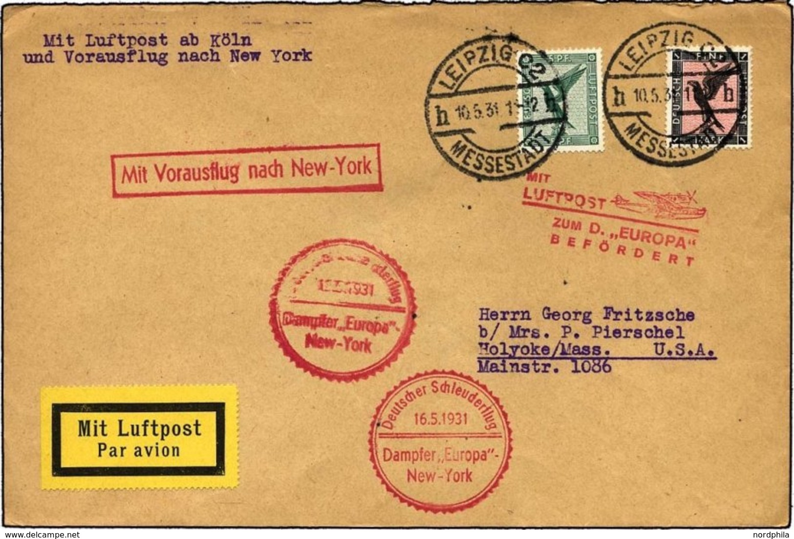 KATAPULTPOST 41c BRIEF, 16.5.1931, Europa - New York, Nachbringe- Und Schleuderflug, Prachtbrief - Storia Postale