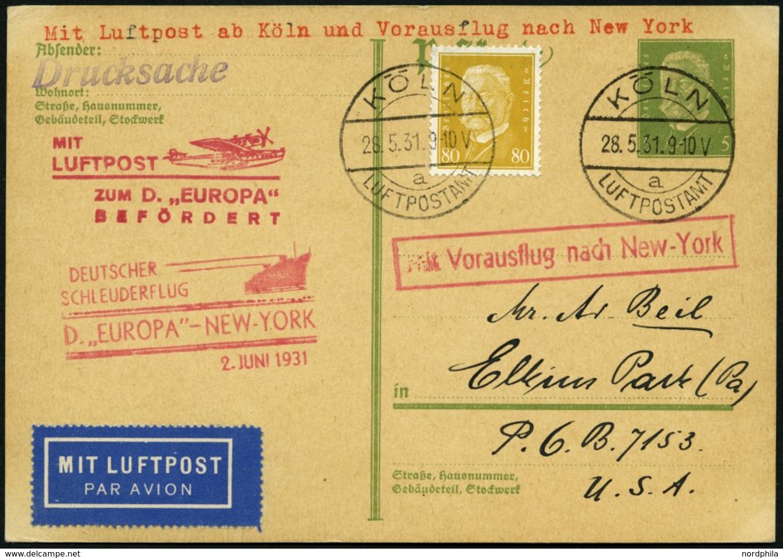 KATAPULTPOST 45c BRIEF, 2.6.1931, Europa - New York, Nachbringe- Und Schleuderflug, Auf 5 Pf. Hindenburg - Ganzsachenkar - Lettres & Documents