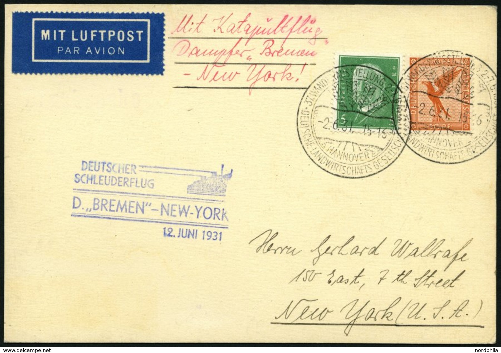 KATAPULTPOST 48b BRIEF, 12.6.1931, Bremen - New York, Seepostaufgabe, Prachtkarte - Covers & Documents