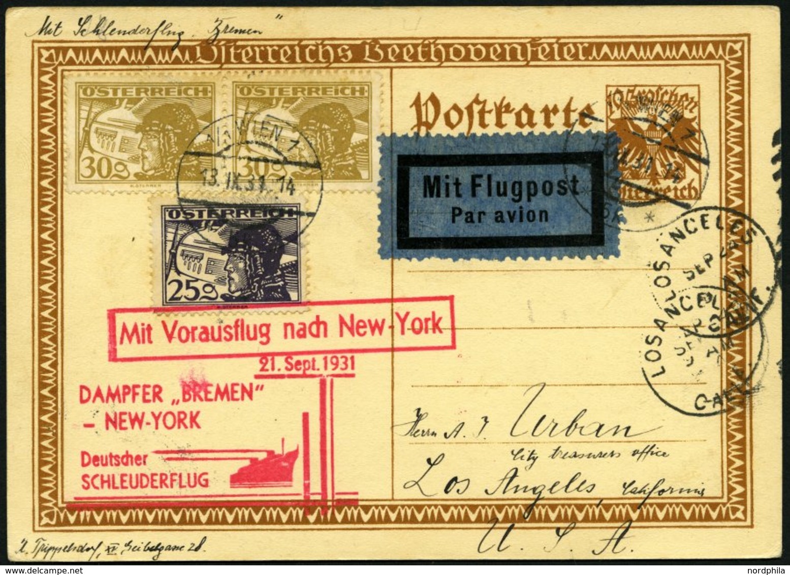 KATAPULTPOST 72Au BRIEF, Österreich: 21.9.1931, Bremen - New York, Auf 10 Gr. Ganzsachenkarte, Karte Feinst, RR!, Nur 13 - Storia Postale