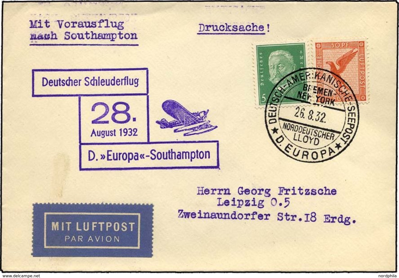 KATAPULTPOST 103c BRIEF, 28.8.1932, Europa - Southampton, Deutsche Seepostaufgabe, Drucksache, Pracht - Lettres & Documents