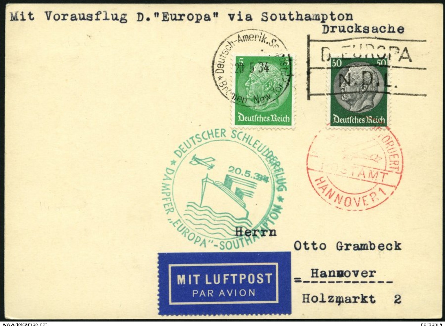 KATAPULTPOST 152c BRIEF, 20.5.1934, &quot,Europa&quot, - Southampton, Deutsche Seepostaufgabe, Prachtkarte - Covers & Documents