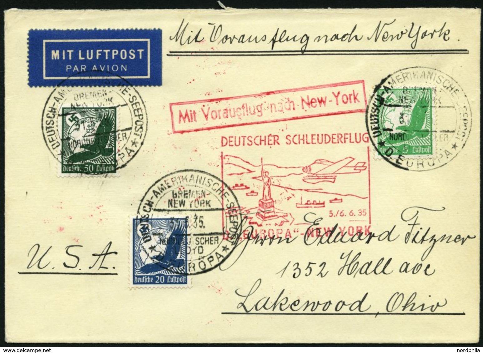 KATAPULTPOST 191b BRIEF, 5.6.1935, &quot,Europa&quot, - New York, Seepostaufgabe, Prachtbrief - Briefe U. Dokumente