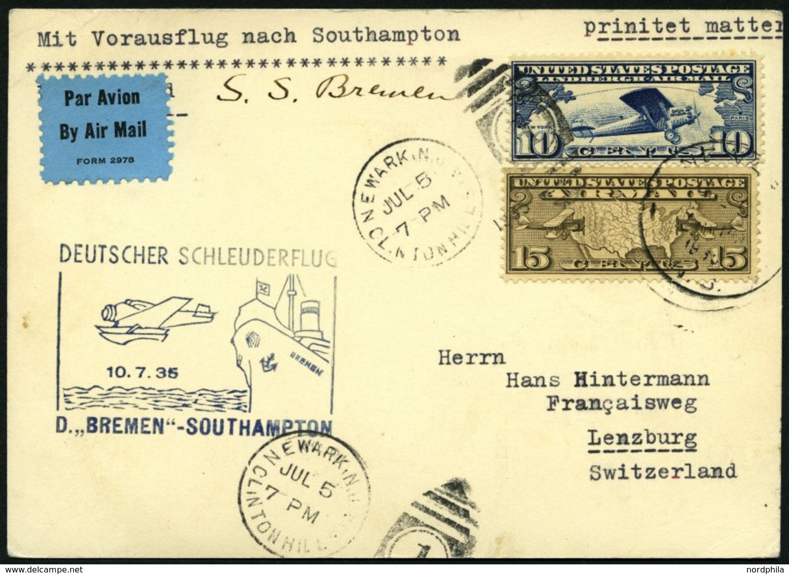 KATAPULTPOST 198a BRIEF, 10.7.1935, Bremen - Southampton, US- Landpostaufgabe, Prachtkarte - Briefe U. Dokumente