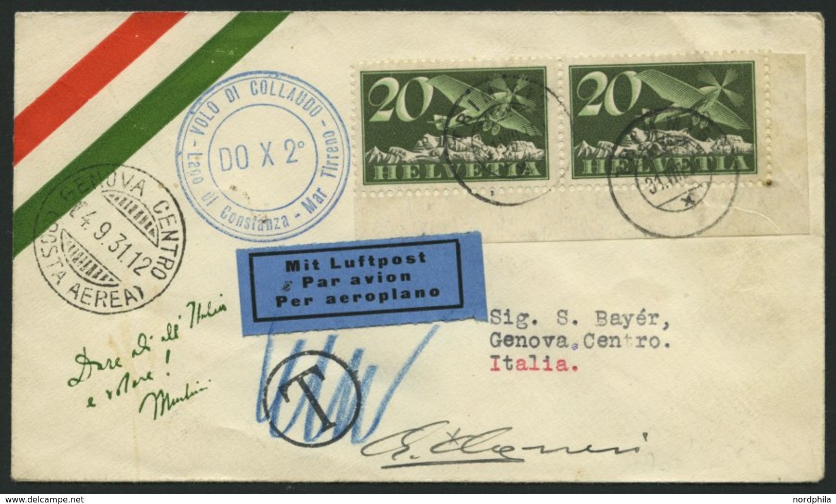 DO-X LUFTPOST DO X2.001.CH BRIEF, 31.08.1931, DO X 2, Postabgabe Trimmis, Blauer Zweikreiser VOLO DI COLLAUDO, Prachtbri - Storia Postale