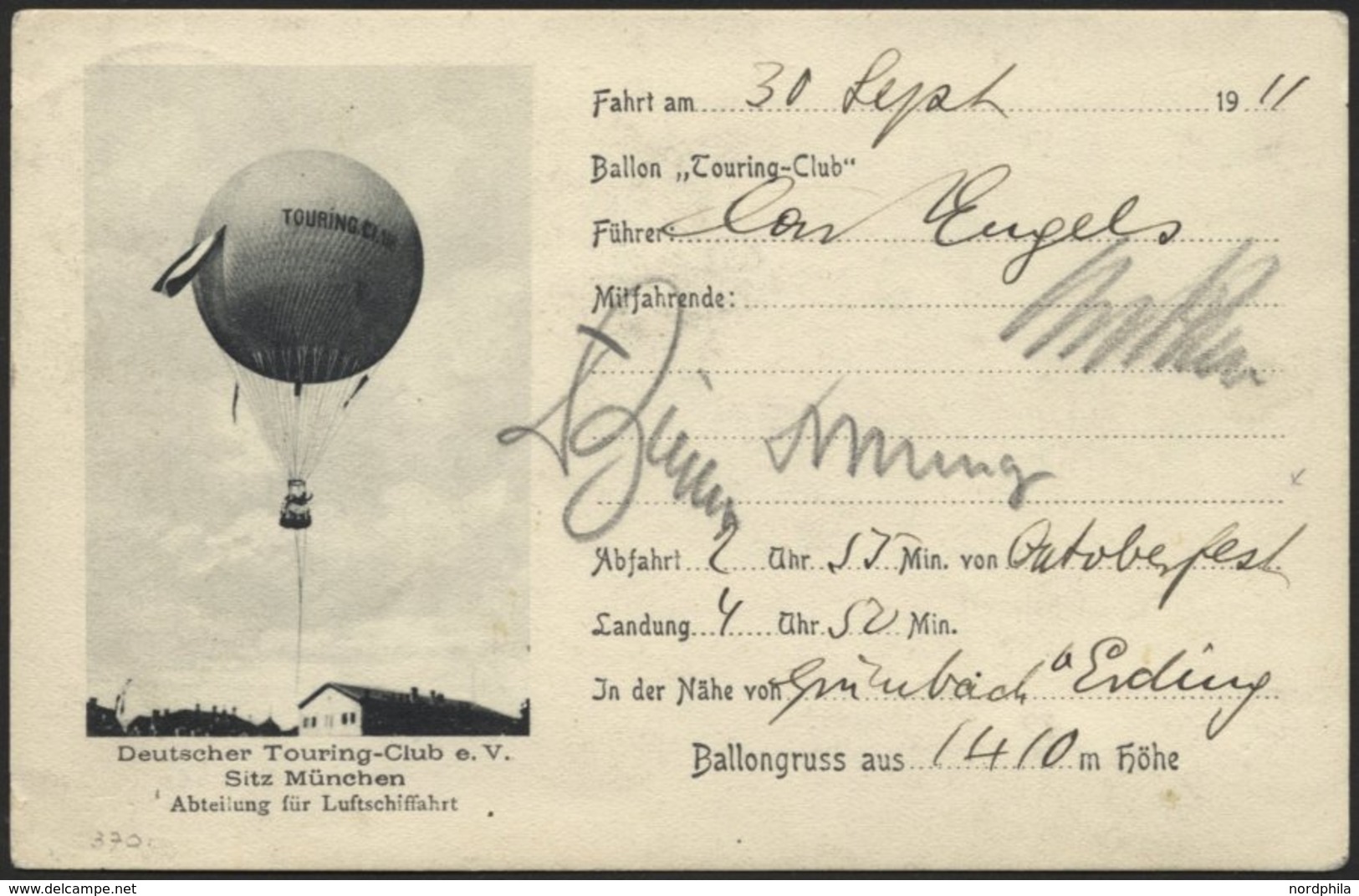 BALLON-FAHRTEN 1897-1916 20.9.19011, Deutscher Touring-Club Abt. Luftschiffahrt München, Abwurf Vom Ballon TOURING-CLUB  - Montgolfier