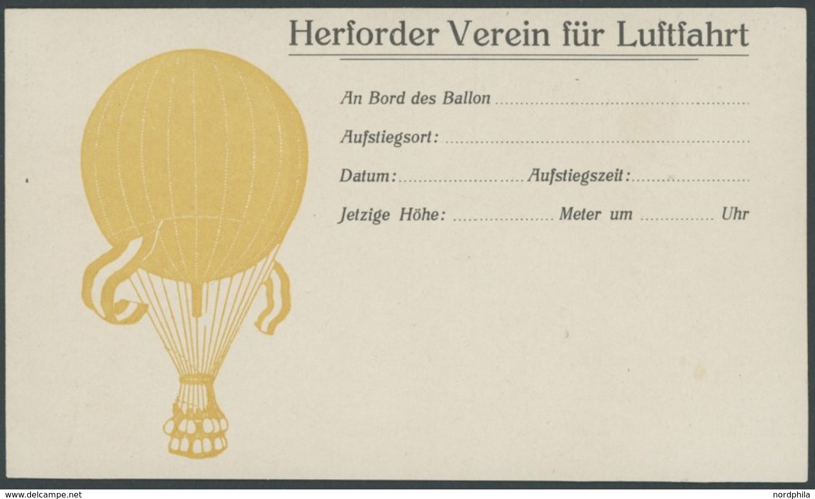 1911/2, HERFORDER VEREIN FÜR LUFTFAHRT, Ungebrauchte Ballon-Finderkarte, Karte Oben Waagerecht Gekürzt Sonst Pracht -> A - Fesselballons