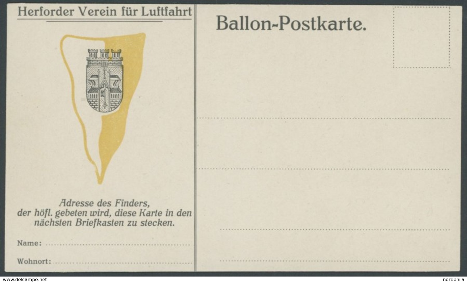 1911/2, HERFORDER VEREIN FÜR LUFTFAHRT, Ungebrauchte Ballon-Finderkarte, Karte Oben Waagerecht Gekürzt Sonst Pracht -> A - Fesselballons