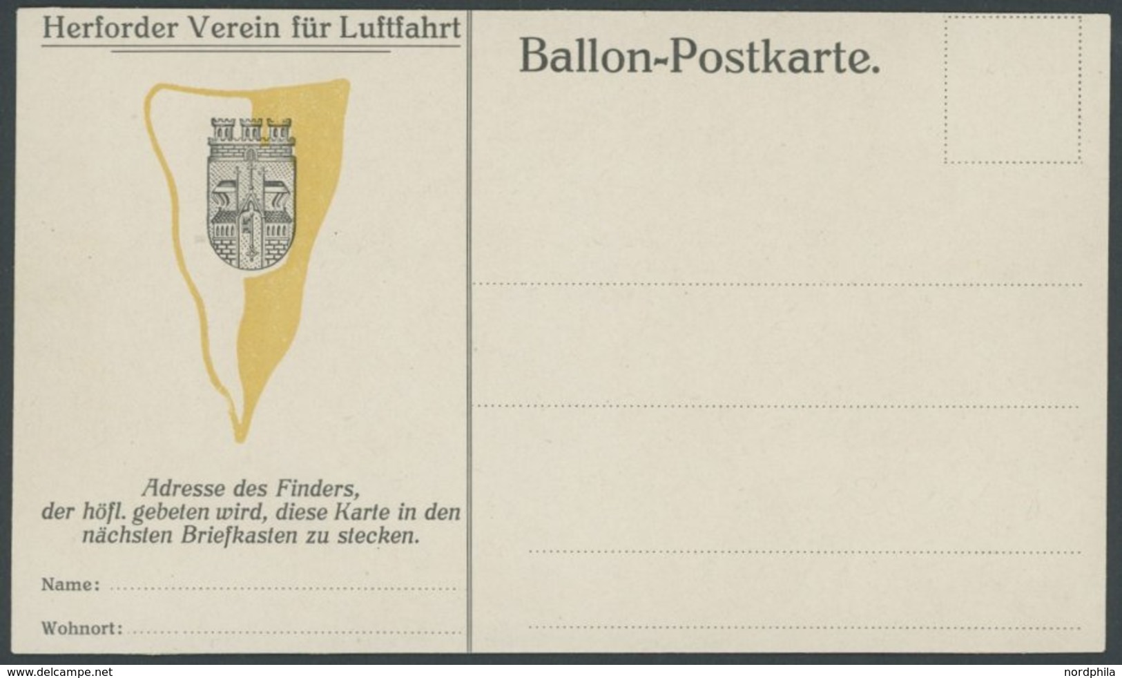 1911/2, HERFORDER VEREIN FÜR LUFTFAHRT, Ungebrauchte Ballon-Finderkarte, Karte Oben Waagerecht Gekürzt Sonst Pracht -> A - Mongolfiere