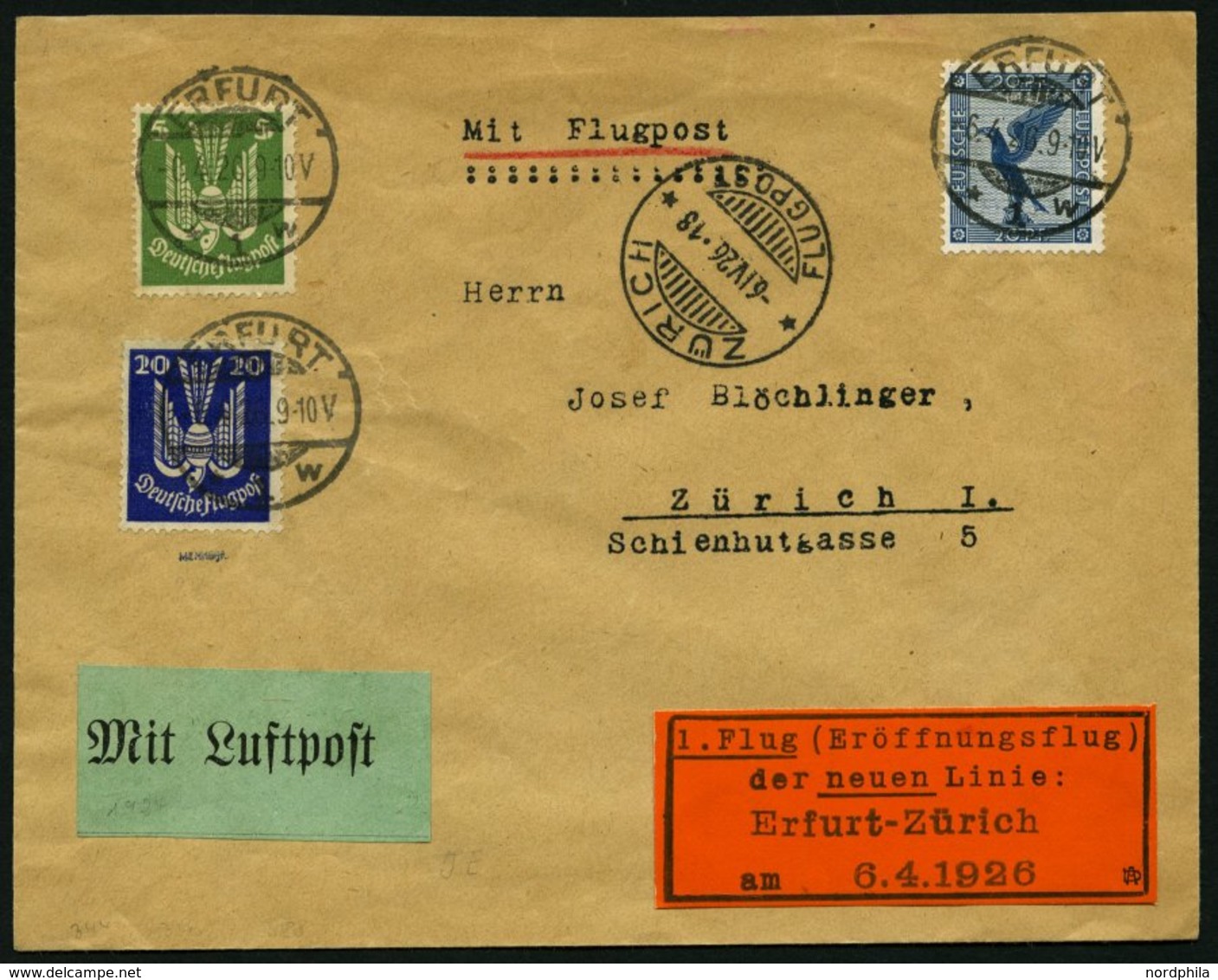 ERST-UND ERÖFFNUNGSFLÜGE 26.7.09 BRIEF, 6.4.1926, Erfurt - Zürich, Prachtbrief, RR! - Zeppeline