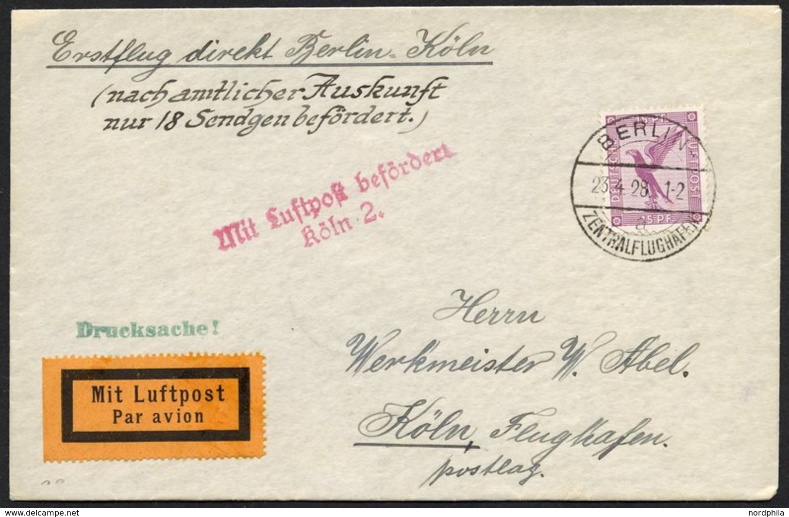 ERST-UND ERÖFFNUNGSFLÜGE 28.11.01 BRIEF, 23.4.1928, Berlin-Köln, Prachtbrief, R! - Zeppeline