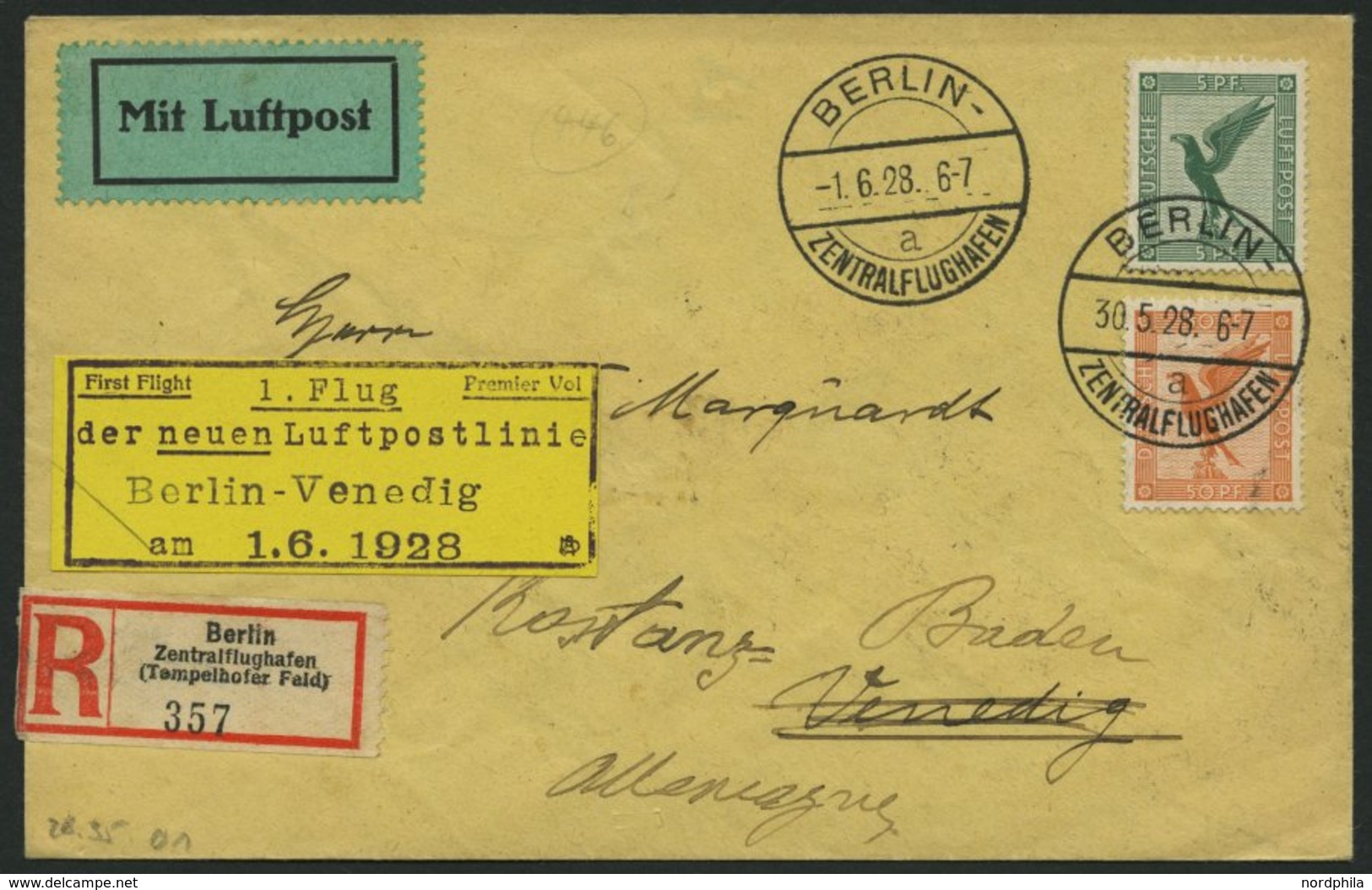 ERST-UND ERÖFFNUNGSFLÜGE 28.35.01 BRIEF, 1.6.1928, Berlin-Venedig, Prachtbrief - Zeppelins