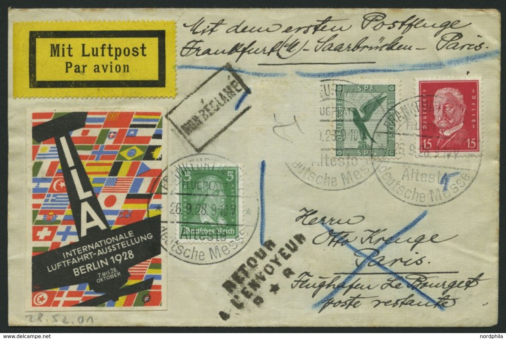 ERST-UND ERÖFFNUNGSFLÜGE 28.52.01 BRIEF, 26.9.1928, Frankfurt/M.-Paris, Eine Marke Abgefallen Sonst Prachtbrief - Zeppelin