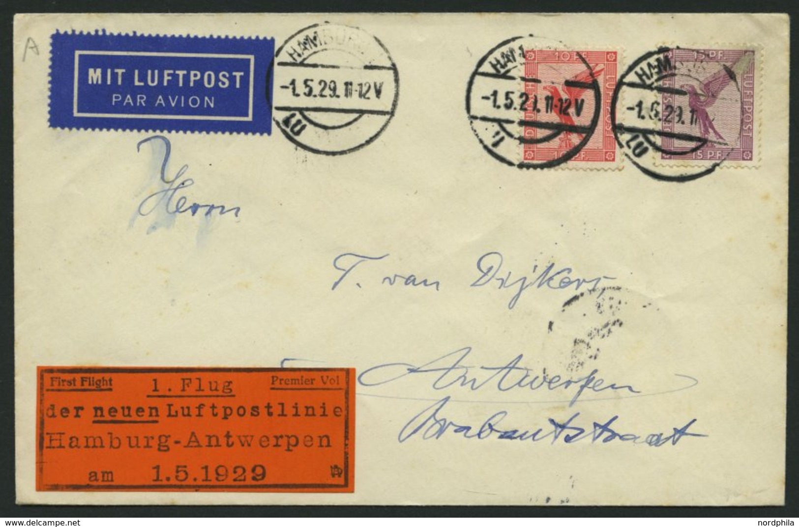 ERST-UND ERÖFFNUNGSFLÜGE 29.5.02 BRIEF, 1.5.1929, Hamburg-Antwerpen, Brief Feinst - Zeppeline