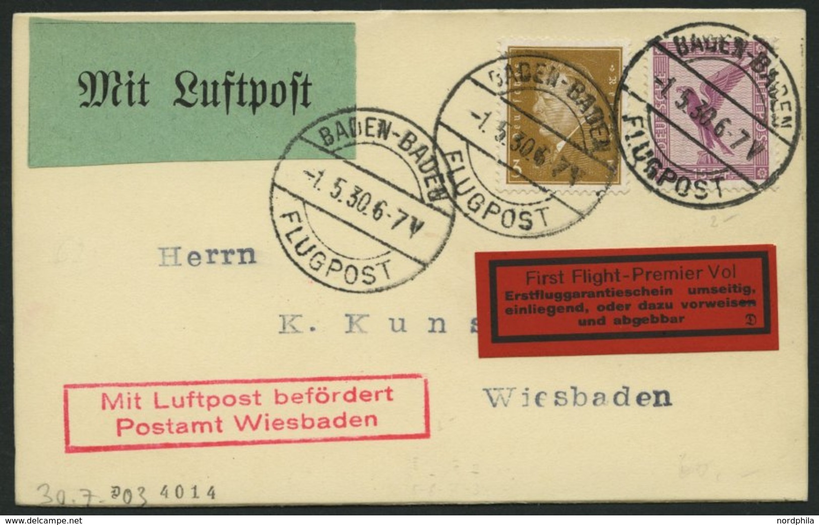 ERST-UND ERÖFFNUNGSFLÜGE 30.7.03 BRIEF, 1.5.1930, Baden Baden-Wiesbaden, Prachtkarte - Zeppeline