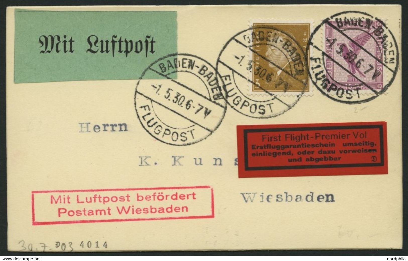 ERST-UND ERÖFFNUNGSFLÜGE 30.7.03 BRIEF, 1.5.1930, Baden Baden-Wiesbaden, Prachtkarte - Zeppelin