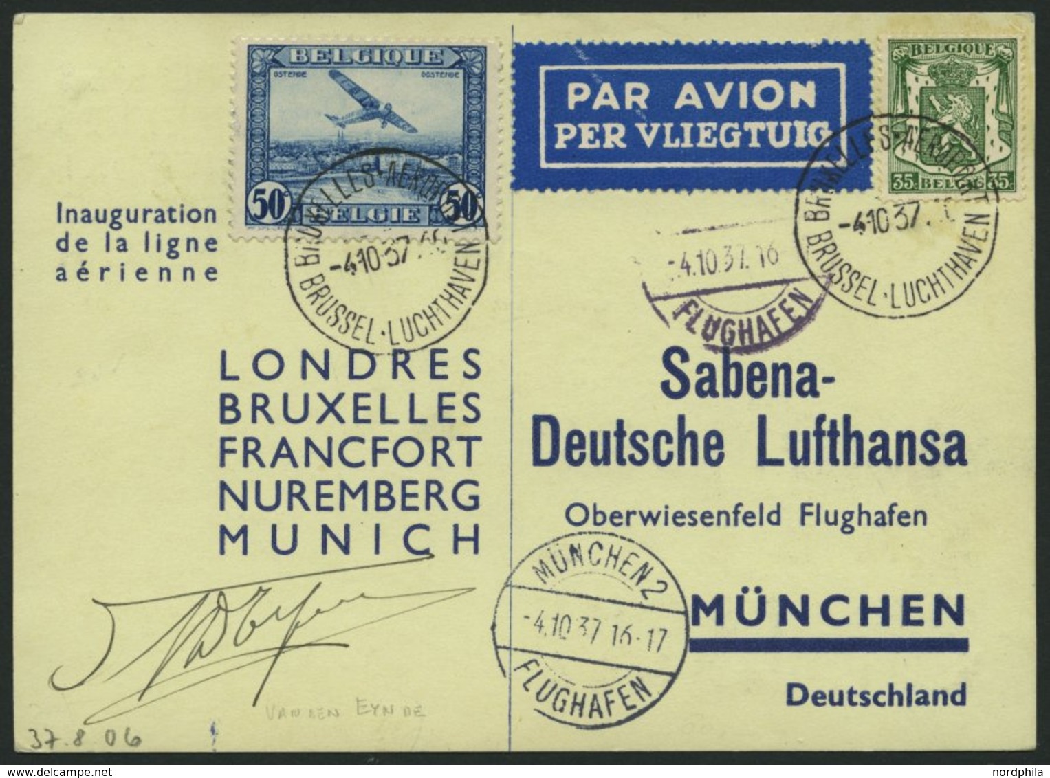 ERST-UND ERÖFFNUNGSFLÜGE 37.8.06 BRIEF, 4.10.1937, Brüssel-München, Prachtkarte - Zeppelin