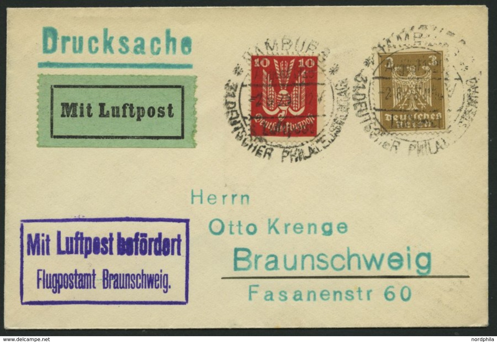 LUFTPOSTBESTÄTIGUNGSSTPL 12-02b BRIEF, BRAUNSCHWEIG In Violett, Drucksache Von HAMBURG Nach Braunschweig, Prachtbrief - Luft- Und Zeppelinpost