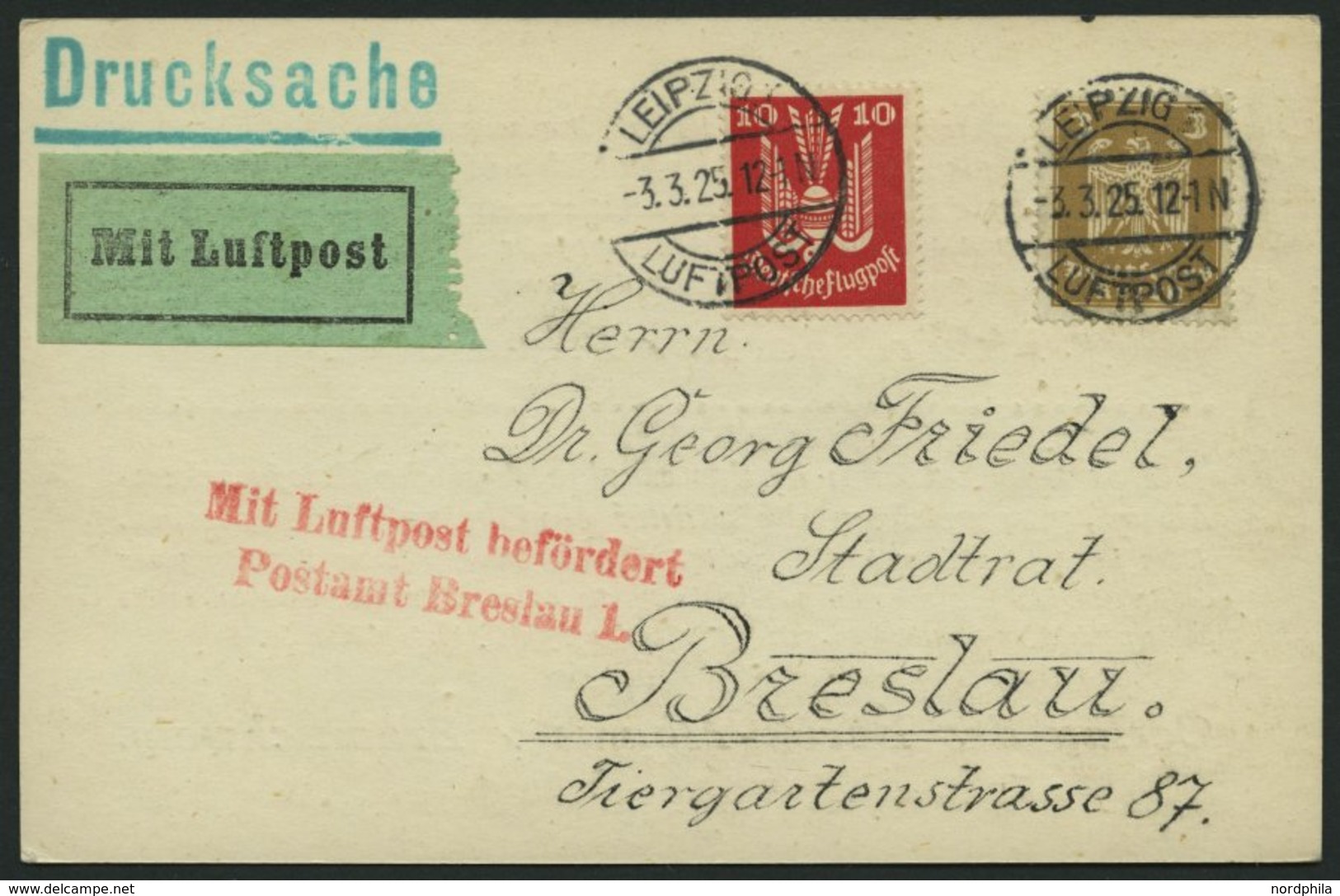 LUFTPOSTBESTÄTIGUNGSSTPL 15-02 BRIEF, BRESLAU, L2, Drucksache Von LEIPZIG Nach Breslau, Prachtkarte - Posta Aerea & Zeppelin