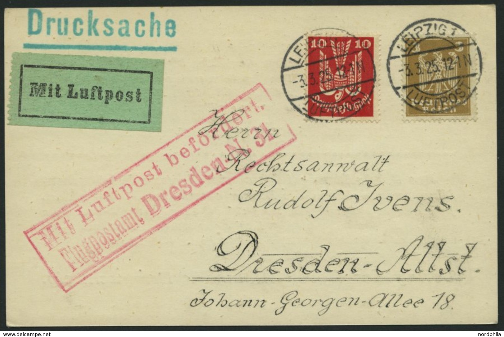 LUFTPOSTBESTÄTIGUNGSSTPL 27-01 BRIEF, DRESDEN, Flugpostamt N. 31, Drucksache Von LEIPZIG Nach Dresden-Altst., Prachtkart - Posta Aerea & Zeppelin